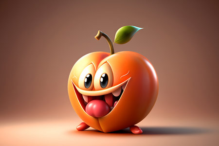 Happy cartoon peach fruit character with tongue out on brown background. 3d illustrationの素材
