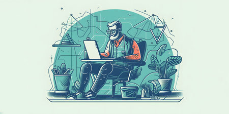 Businessman working on laptop in office. Vector illustration. Doodle styles.の素材
