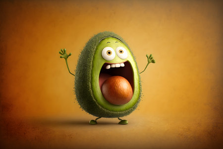 funny green avocado character with funny expression on orange textured backgroundの素材