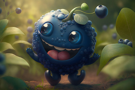 Funny blue cartoon monster in the forest. 3d illustration.の素材