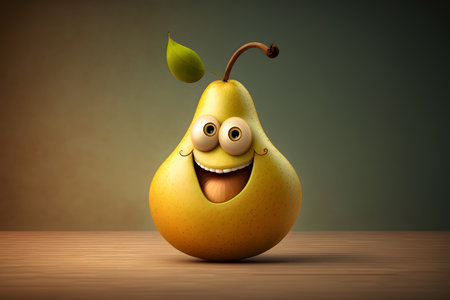 Smiling pear on wooden table and dark background. 3d illustrationの素材