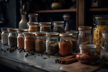 Spices and herbs in glass jars on a counter in a restaurantの素材