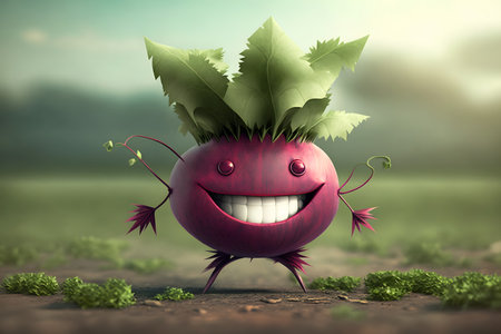 Happy beetroot with leaves in the soil. 3d illustration.の素材