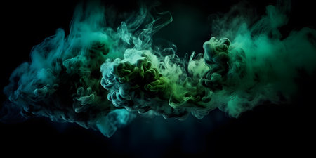 Green and blue cloud of smoke of vape on a black isolated background. Background from the smoke of vapeの素材
