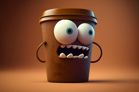 Coffee mug with eyes and mouth on brown background. 3d illustrationの素材