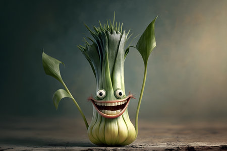 Smiling vegetable character with green leaves on dark background, 3d illustrationの素材
