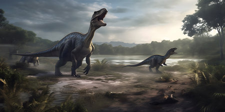 Dinosaur Diplodocus in the jungle. 3d renderの素材