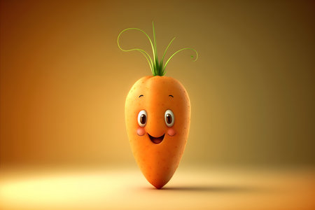 3d rendered illustration of carrot cartoon character with happy expression on orange backgroundの素材