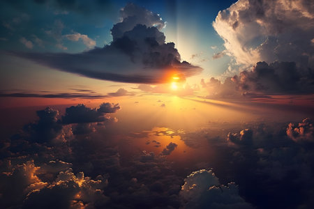 Beautiful sunset above the clouds. 3d render. Concept imageの素材