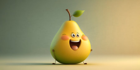 Funny yellow pear with green leaf on its head. 3d illustrationの素材