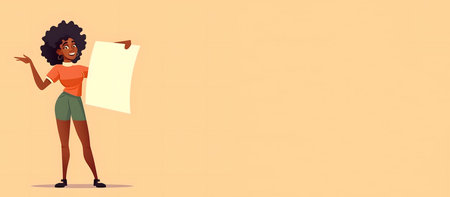 Young african american woman holding blank paper sheet. Vector illustrationの素材
