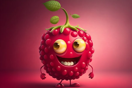 Funny raspberry character with smiling face and arms, 3d illustrationの素材