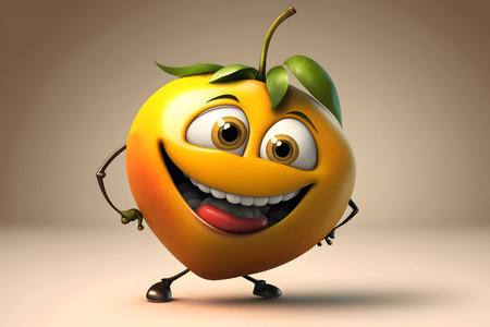 Cartoon mango character with happy face and arms, 3d illustrationの素材