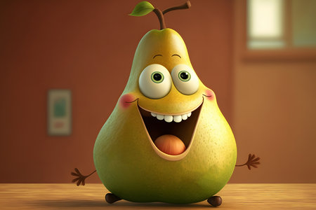 Funny pear with eyes and mouth sitting on wooden table in roomの素材