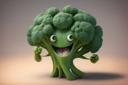 3d rendered illustration of a broccoli character with a smiley faceの素材