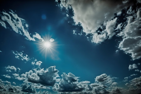 Beautiful blue sky with clouds and sun. natural background. Toned.の素材