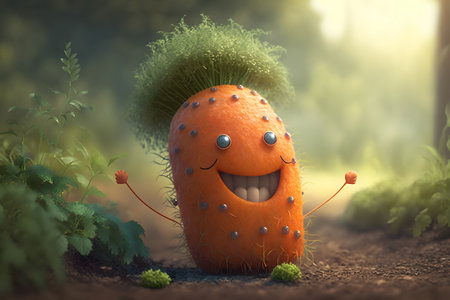 Funny orange character in the garden. 3D illustration. Concept image.の素材