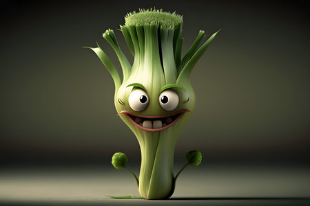 Funny green fennel vegetable cartoon character on dark background, 3d illustrationの素材