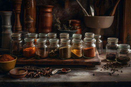 Various spices and herbs in glass jars on wooden table. Dark rustic backgroundの素材