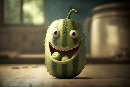 Funny cucumber with green peas on a wooden table in the kitchenの素材