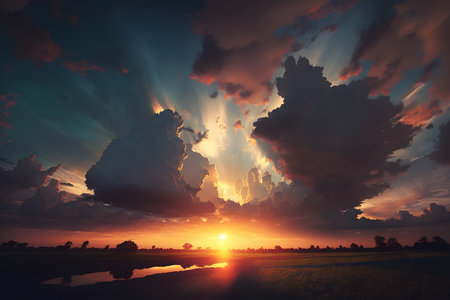 Beautiful sunset over the rice field. nature composition. 3d renderの素材