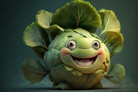Cabbage character with green leaves on dark green background. 3D illustration.の素材