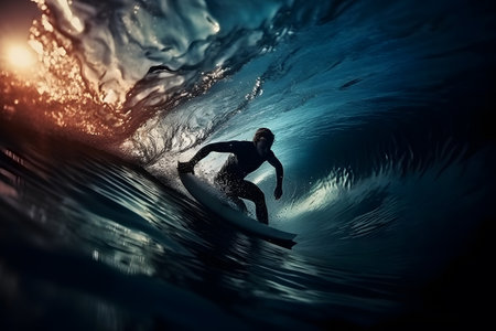 Surfer in ocean wave at sunset. mixed media. mixed mediaの素材