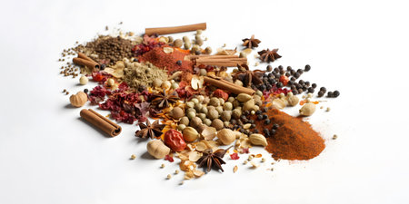 Various spices and herbs on a white background. Food and cuisine ingredients.の素材