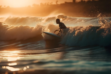 Surfer on the ocean wave at sunset. Surfer in action.の素材