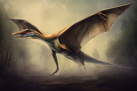 Pteranodon dinosaur flying in the fog. 3d renderの素材