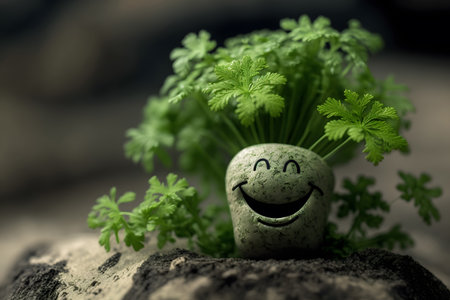 Organic food concept. Fresh green parsley plant with smiling face.の素材