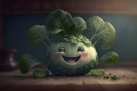 Cute funny cabbage character made of green leaves. Healthy food concept.の素材