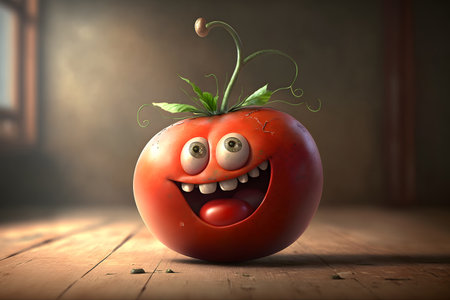 Funny tomato on wooden table, 3d render. Halloween conceptの素材