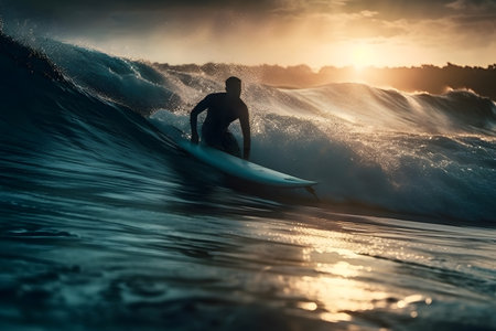 Surfer on the ocean wave at sunset. Surf concept.の素材