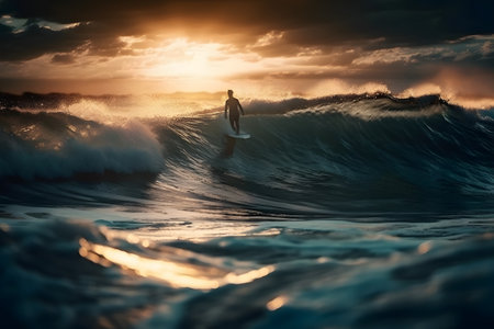Surfer on the ocean wave at sunset time. Concept imageの素材