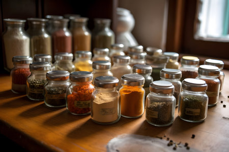 Various spices in glass jars on a wooden table. selective focus.の素材