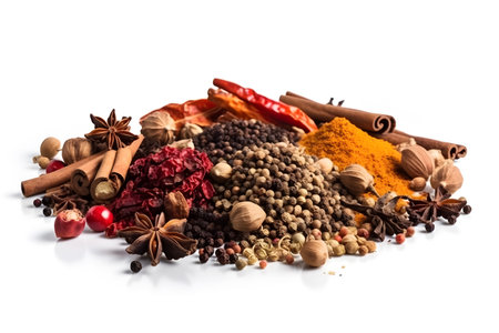 Spices and herbs isolated on white background. Food and cuisine ingredients.の素材