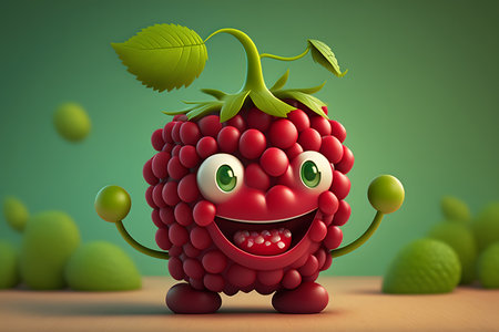 Funny raspberry character with green background. 3d render illustration.の素材