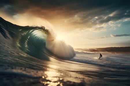 Surfer in ocean wave at sunset. 3D Rendering.の素材