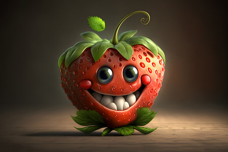 Funny strawberry with green leaves on wooden background. 3d illustrationの素材