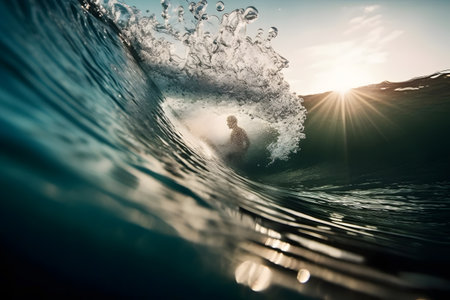 Surfer in the ocean. Surfer in ocean wave at sunset.の素材
