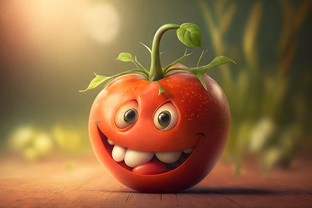 Smiling tomato with green leaf on wooden table. 3d illustrationの素材