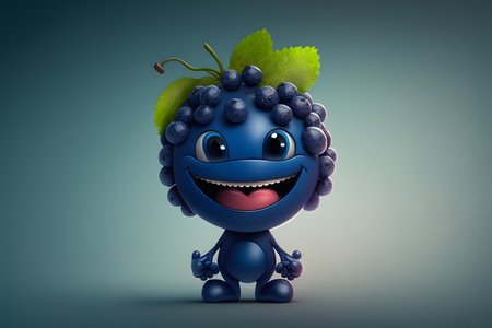 Funny blue fruit character with blackberries and grapes - 3d illustrationの素材