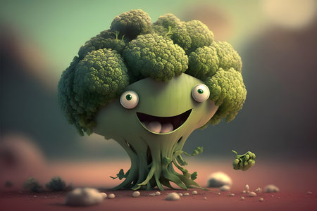 Funny green broccoli character with eyes and teeth, 3d illustrationの素材