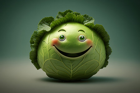 Cabbage emoticon with happy face, 3d render, square imageの素材