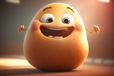 Smiling cartoon egg with arms and legs. 3d illustration.の素材