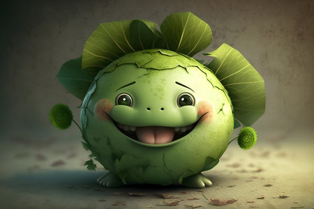 Cute green kohlrabi character on grunge background, 3d renderの素材