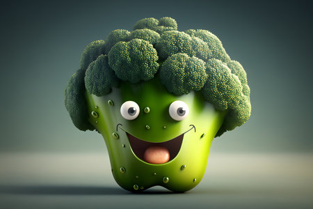 Smiling green broccoli with eyes and mouth, 3d render illustrationの素材