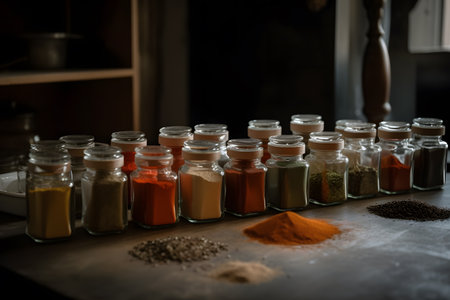 Various spices and herbs in glass jars on the kitchen table. selective focus.の素材