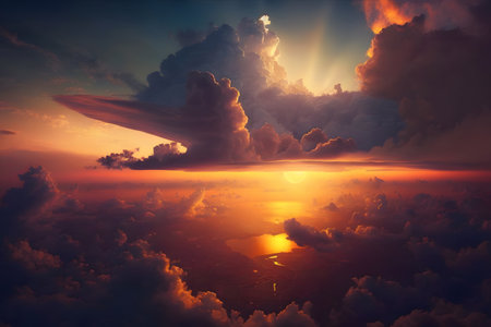 Sunset over the sea with beautiful clouds. 3d render illustrationの素材